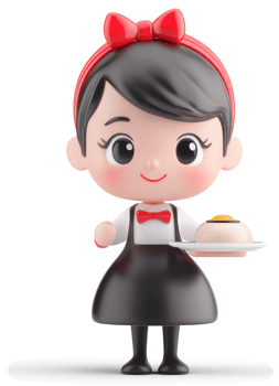 Cute cartoon waitress serving a delicious dish. png