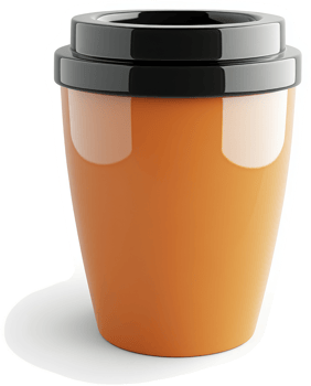 Bright orange reusable coffee cup with black lid. png