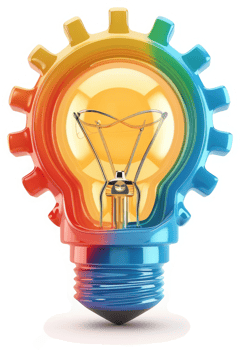Colorful gears surround a glowing lightbulb, symbolizing innovation. png