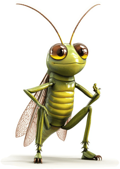 Cartoon grasshopper character in a posed stance. png