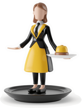 Cartoon hotel staff member presenting a dish. png