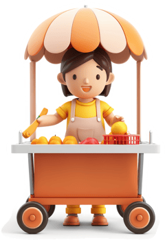 Cheerful girl selling fruit at a mobile cart. png