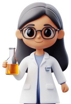 Cheerful cartoon scientist holds a flask of liquid. png