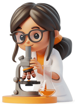 Cartoon scientist examines samples under a microscope. png