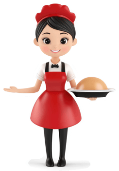 Smiling cartoon chef girl presents a food dish. png