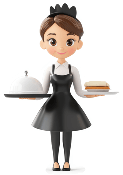 Cartoon waitress holding food trays. png
