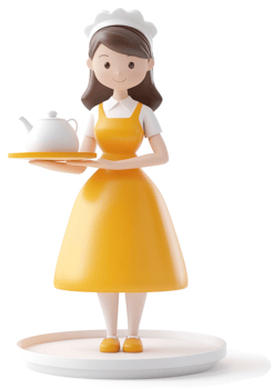 Cheerful cartoon character waitress carrying a tea pot and tray. png