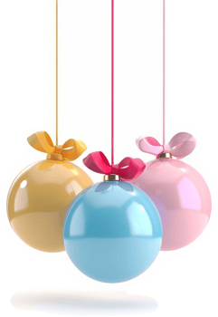 Three pastel colored hanging ornaments with bows. png
