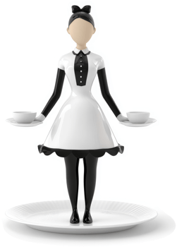 Stylized figurine of a maid balancing teacups on a platter. png