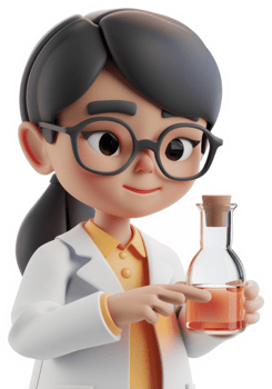 Cartoon scientist character holds a laboratory flask. png