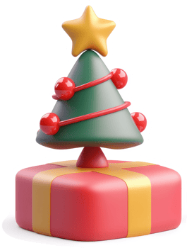 Festive christmas tree resting atop a gift box. png