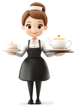 Smiling cartoon maid carries a tray of tea. png