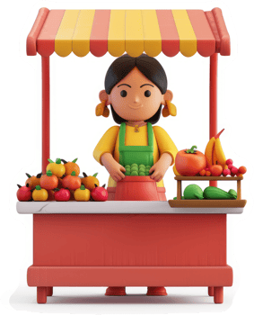 Smiling vendor displays fresh produce at a market stall. png