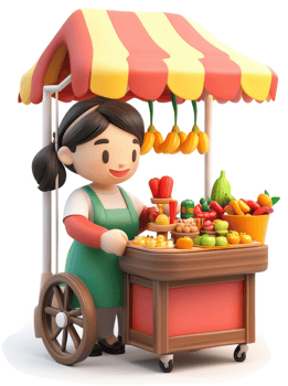 Cartoon girl operates a colorful street food stall. png