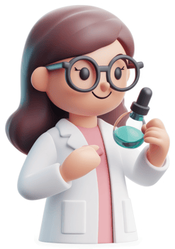 Cartoon scientist holds a teal liquid sample vial. png