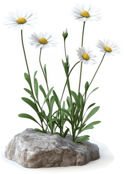 Five daisies flourish on a gray rock. png