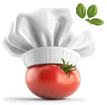 Fresh tomato chef's hat with basil sprig. png