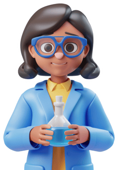 Smiling cartoon female scientist holds a beaker. png