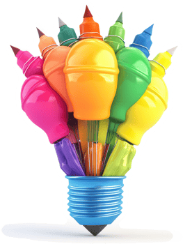 Colorful markers arranged around an innovative light bulb. png