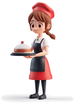 Cheerful cartoon chef character serving a dessert. png