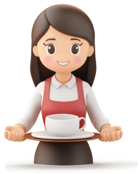 Smiling cartoon waitress presents a coffee cup. png