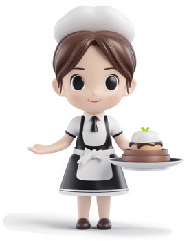 Cute cartoon chef girl presents a delicious dessert. png