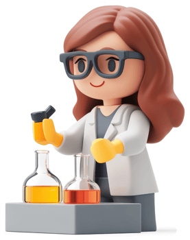 Cartoon scientist figurine working with beakers. png