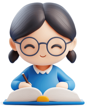 Smiling girl with glasses studies with a book and pen. png