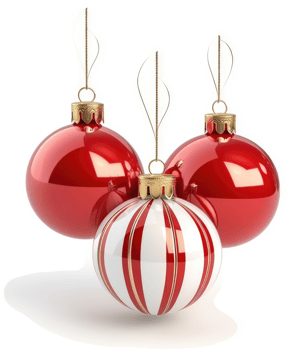 Three festive christmas ornaments, red and white. png
