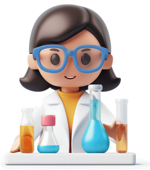 Cartoon scientist character with laboratory equipment. png