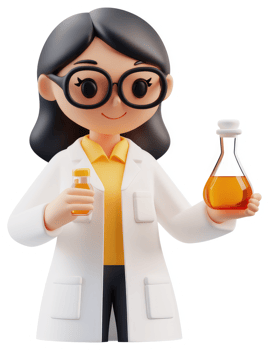 Cheerful cartoon scientist holds laboratory glassware. png