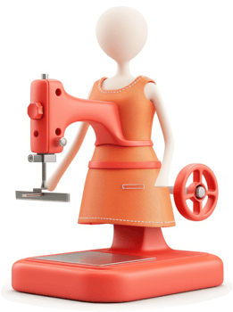 Smiling character operates a vibrant, orange sewing machine. png