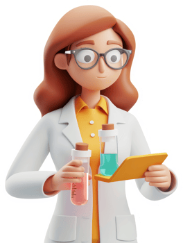3D illustration of a female scientist examining test tubes. png