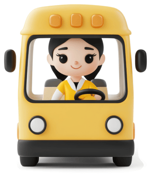 Smiling girl drives a bright yellow school bus. png