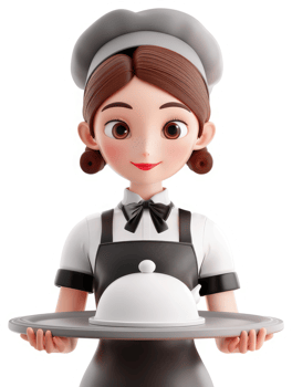 Smiling chef girl holds a covered dish. png