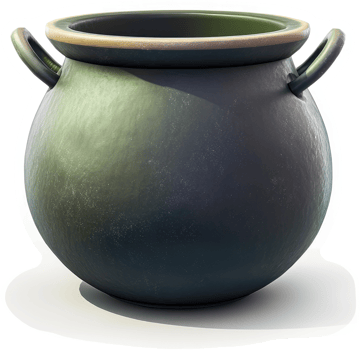 A rustic cauldron, dark green and weathered. png