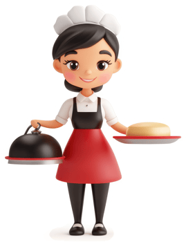 Smiling cartoon chef character presents food. png