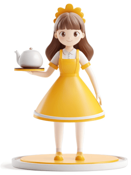Smiling girl in yellow apron carrying a tea set. png