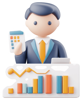 Cartoon businessman analyzes financial data. png