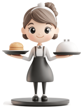 Cartoon waitress serving food on trays. png