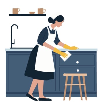 A woman in an apron and rubber gloves cleaning the kitchen vector
