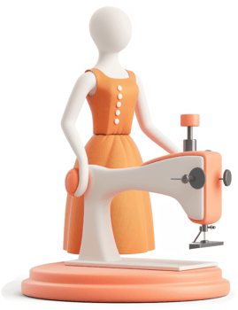 Fashionable female figure stands beside an orange sewing machine. png