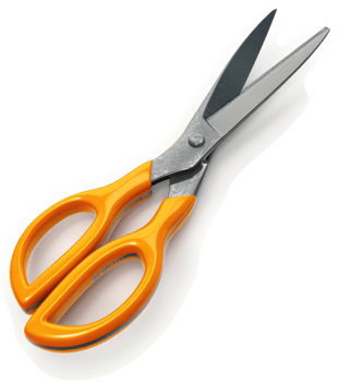 Bright orange-handled stainless steel kitchen shears. png