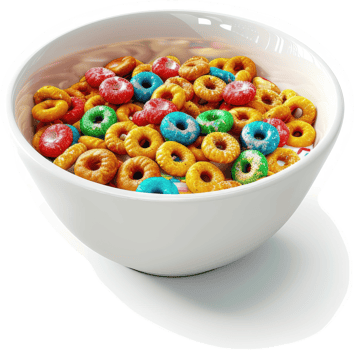 Colorful breakfast cereal in a white bowl. png