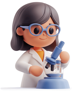Smiling cartoon scientist observes a microscope. png