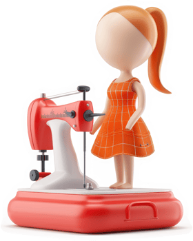 Smiling cartoon woman operates a vintage sewing machine. png