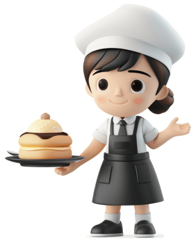 Smiling cartoon baker girl presenting a dessert. png