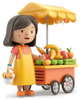 Smiling girl selling fresh fruits from a colorful cart. png