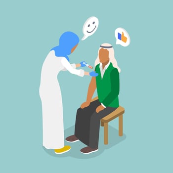 3D Isometric Flat Illustration of Influenza Treatment, Muslim Doctor and Vaccination vector