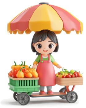 Smiling girl operates a colorful produce stand. png